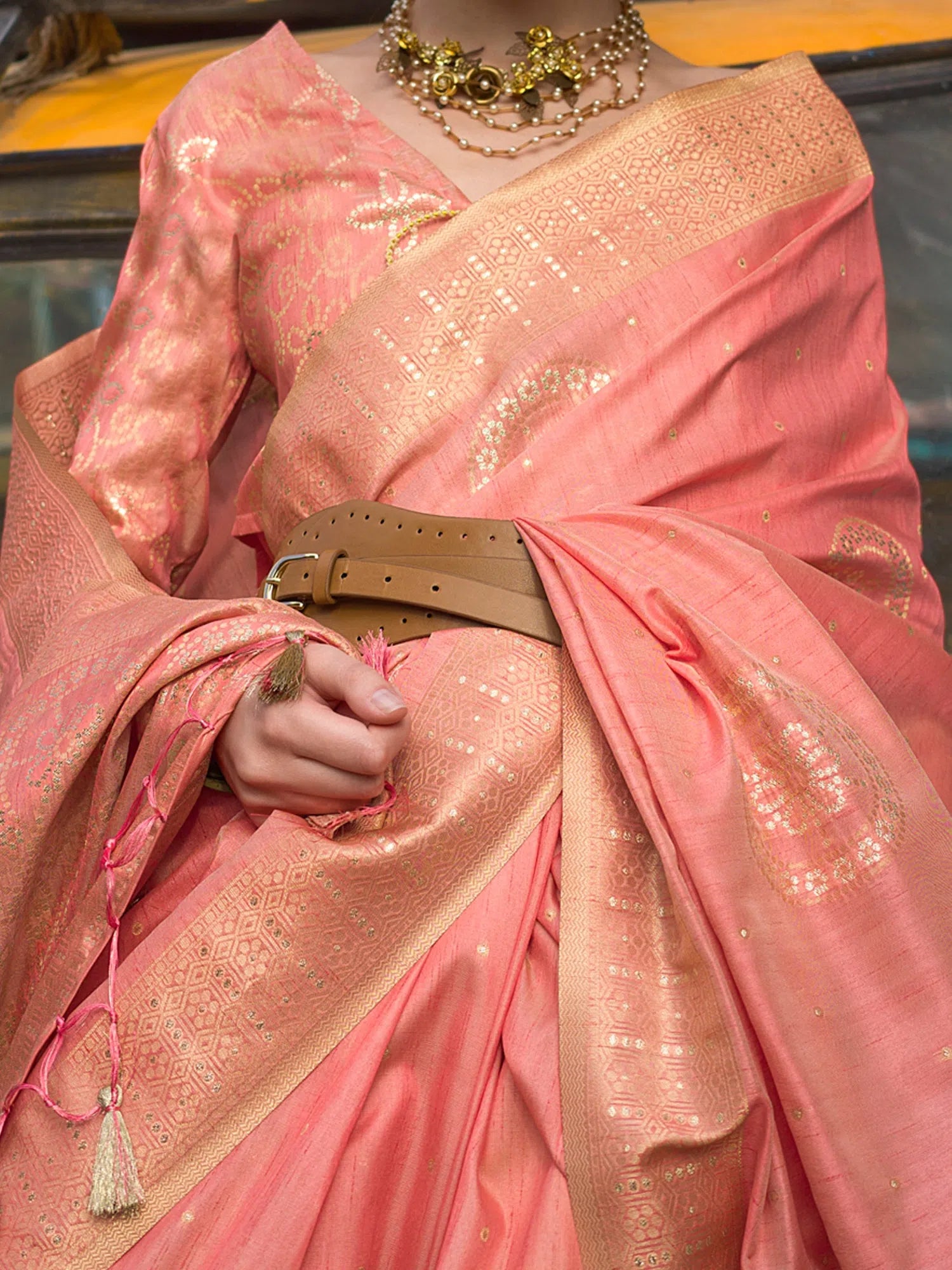 Peach Woven Indian Sarees: Designer Saree with Blouse