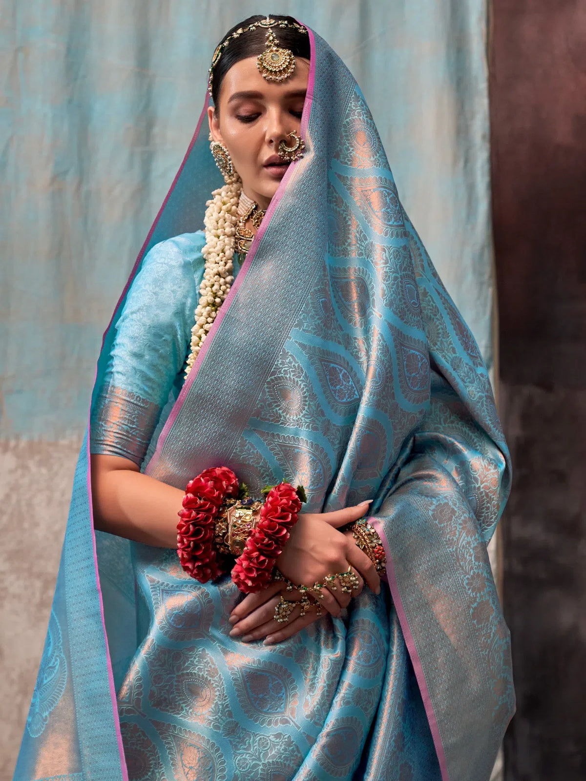 Women's  Blend Light Blue Woven Design Designer Saree With Blouse Piece-KALA14003
