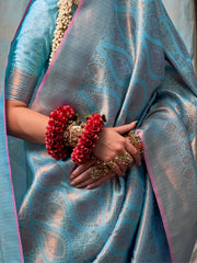 Women's  Blend Light Blue Woven Design Designer Saree With Blouse Piece-KALA14003