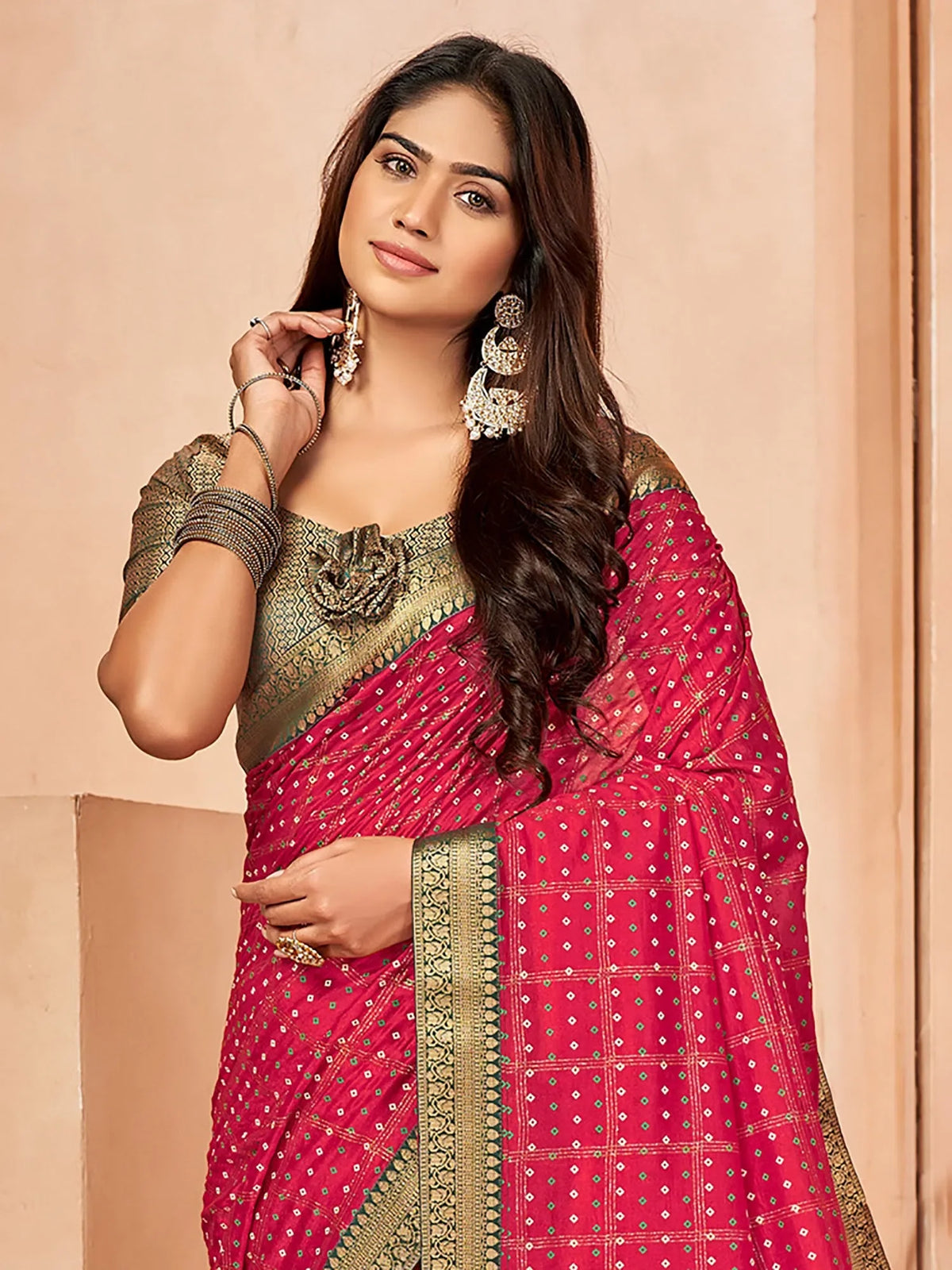 Women's Vichitra Pink Embellished Designer Saree With Blouse Piece-KALIKA1010