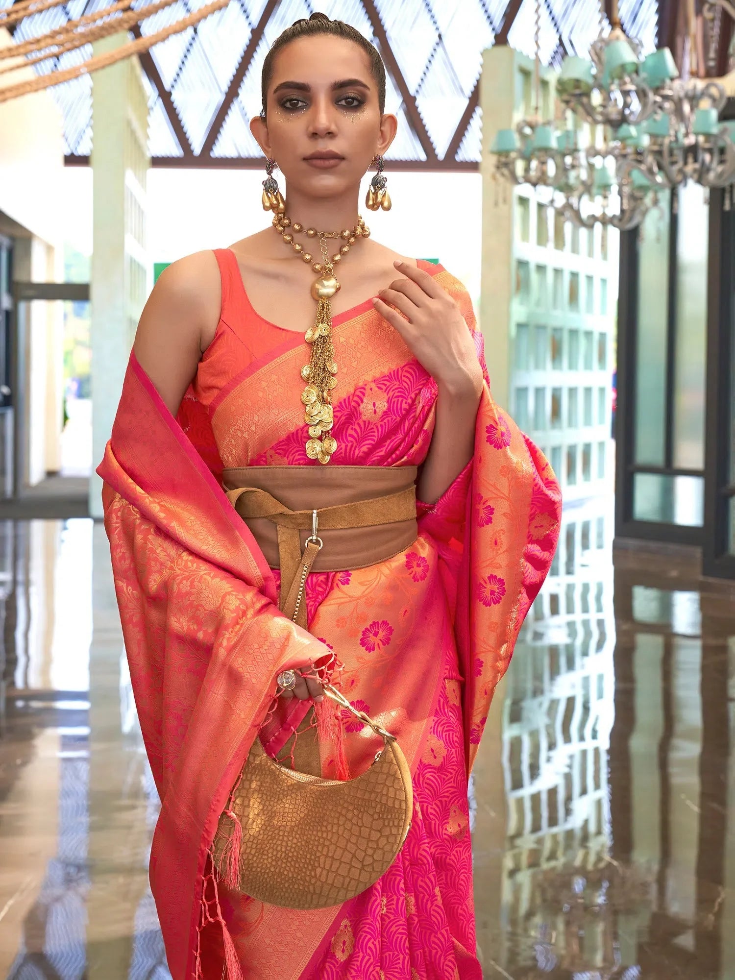 Pink Festive Woven Polyester Saree with Blouse | Designer Indian Sarees