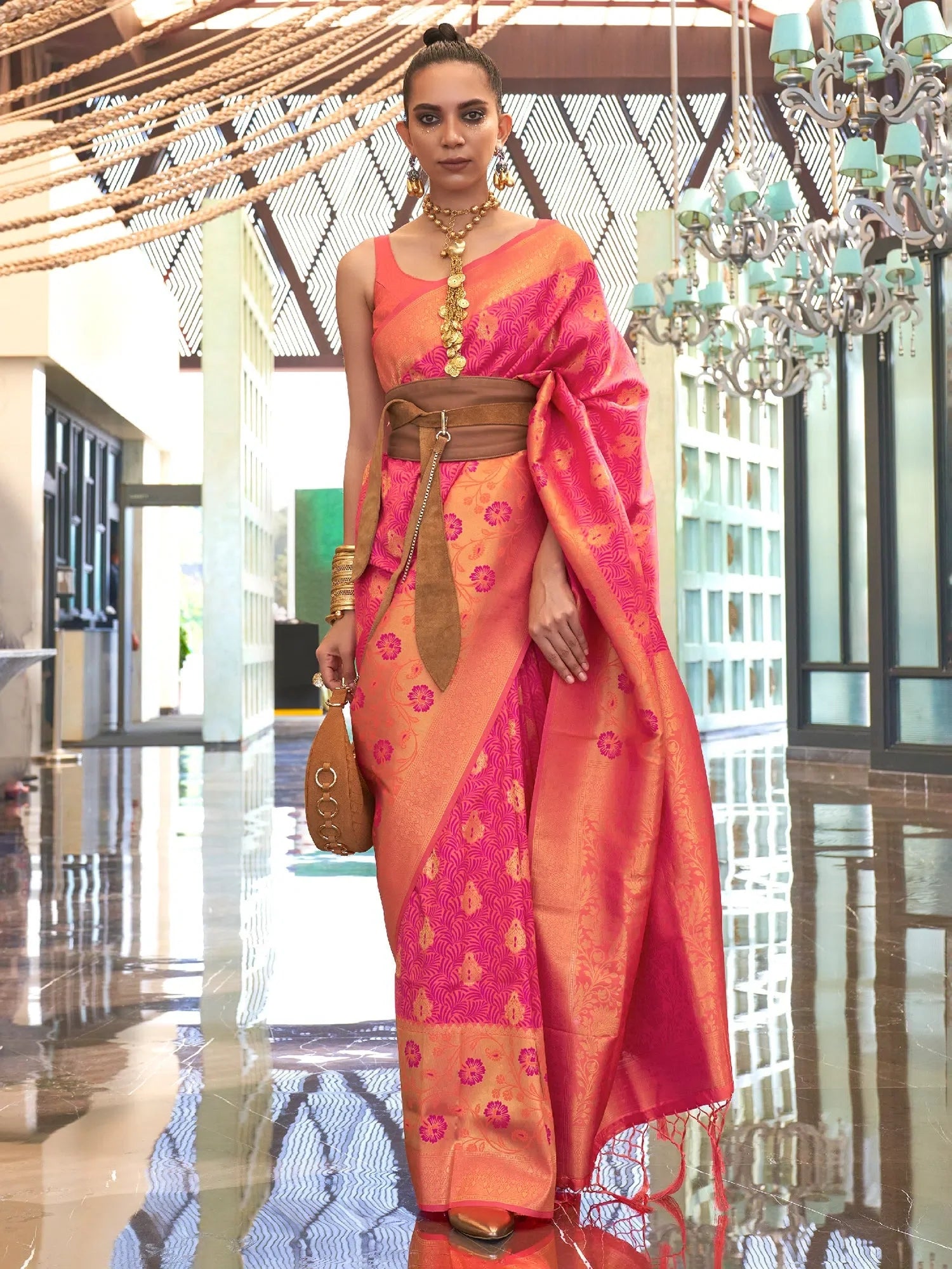Pink Festive Woven Polyester Saree with Blouse | Designer Indian Sarees