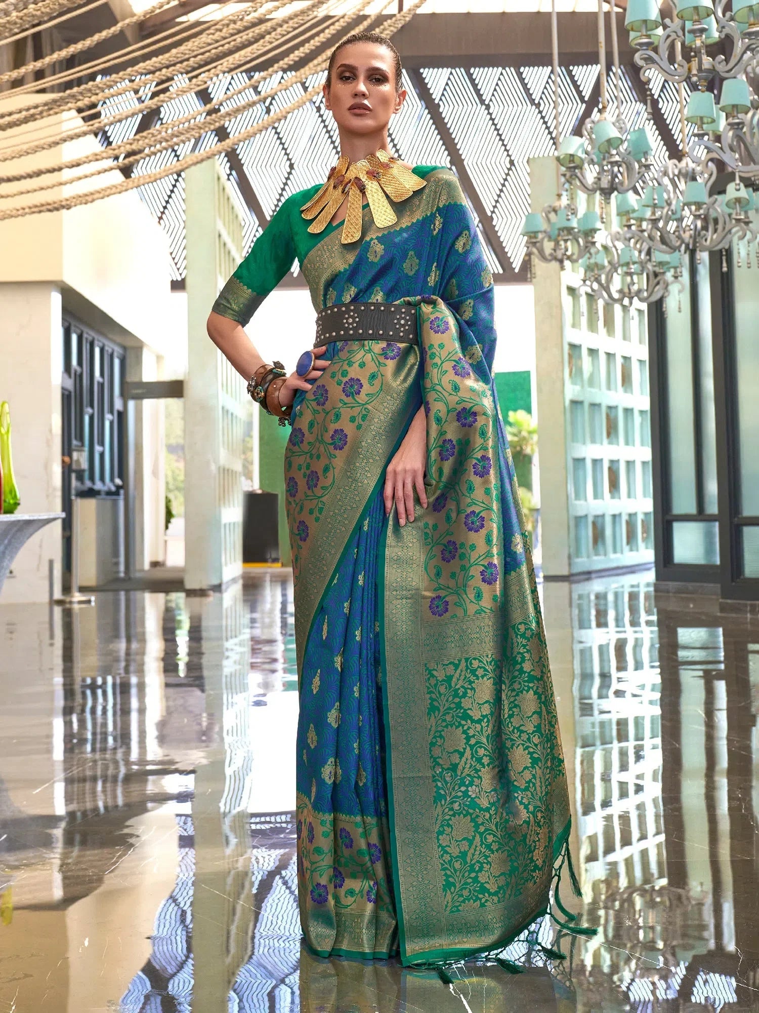 Blue Woven Polyester Saree with Blouse | Designer Sarees India
