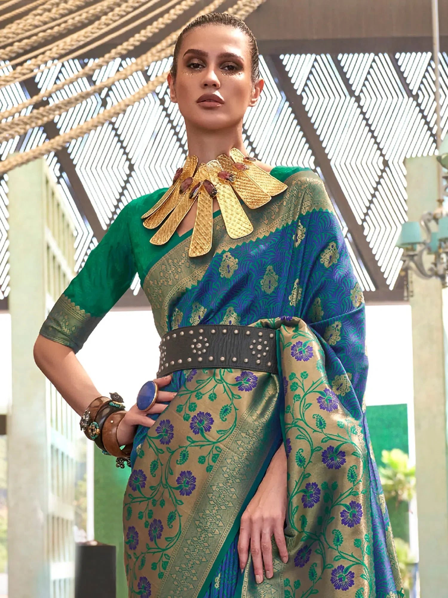 Blue Woven Polyester Saree with Blouse | Designer Sarees India