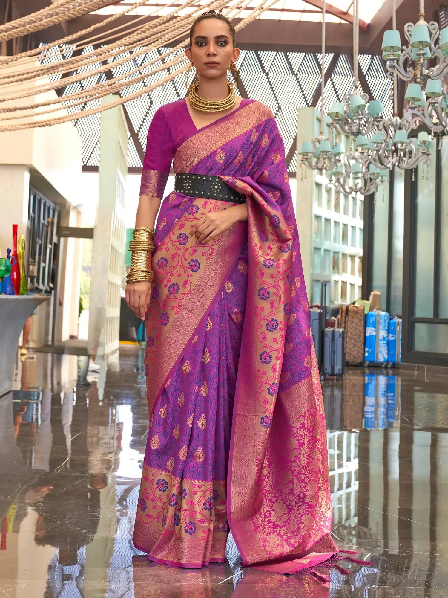 Purple Woven Polyester Saree with Blouse - Indian Sari