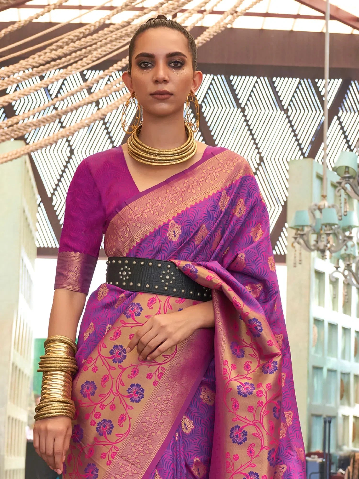 Purple Woven Polyester Saree with Blouse - Indian Sari