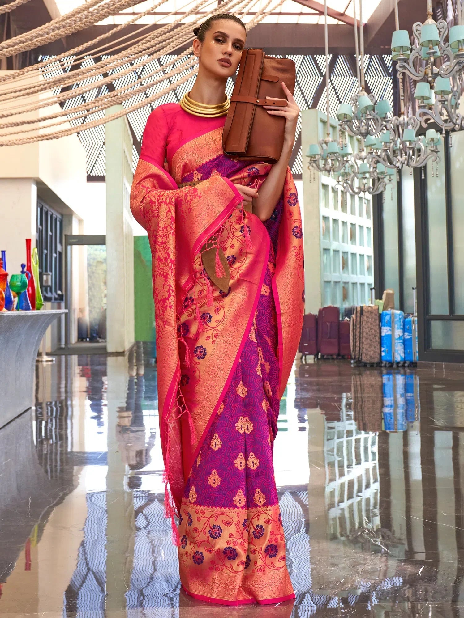 Magenta Woven Polyester Saree with Blouse | Indian Sarees