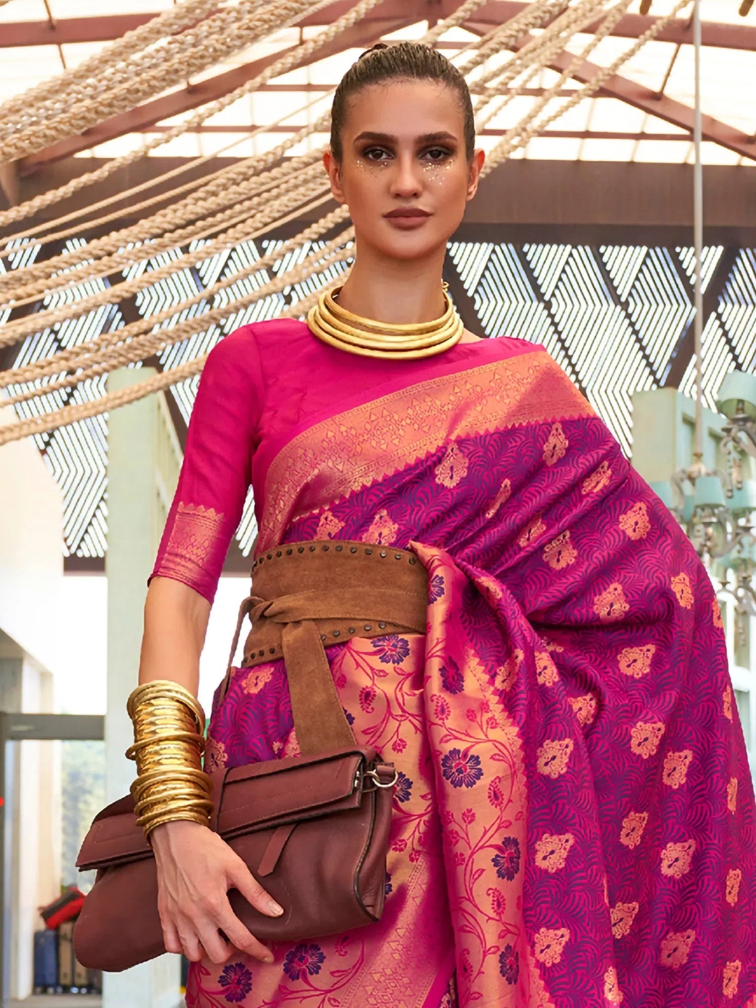 Magenta Woven Polyester Saree with Blouse | Indian Sarees