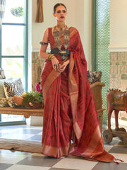 Women's Organza Rust Woven Design Handloom Saree With Blouse Piece-KALKI309001