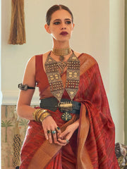 Women's Organza Rust Woven Design Handloom Saree With Blouse Piece-KALKI309001