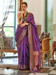 Women's Organza Purple Woven Design Handloom Saree With Blouse Piece-KALKI309003