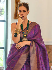 Women's Organza Purple Woven Design Handloom Saree With Blouse Piece-KALKI309003