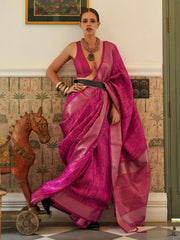 Women's Organza Magenta Woven Design Handloom Saree With Blouse Piece-KALKI309004