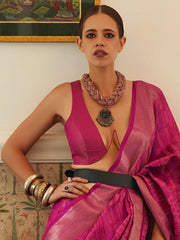 Women's Organza Magenta Woven Design Handloom Saree With Blouse Piece-KALKI309004