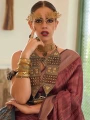 Women's Organza Brown Woven Design Handloom Saree With Blouse Piece-KALKI309006
