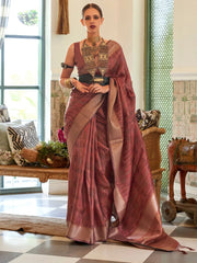 Women's Organza Brown Woven Design Handloom Saree With Blouse Piece-KALKI309006