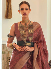 Women's Organza Brown Woven Design Handloom Saree With Blouse Piece-KALKI309006