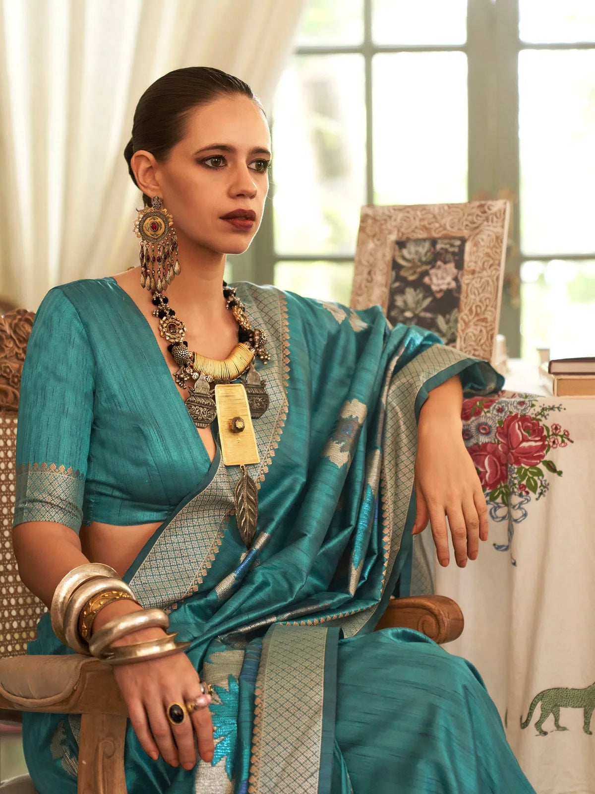 Women's  Blend Teal Blue Woven Design Celebrity Saree With Blouse Piece-KALKI313002