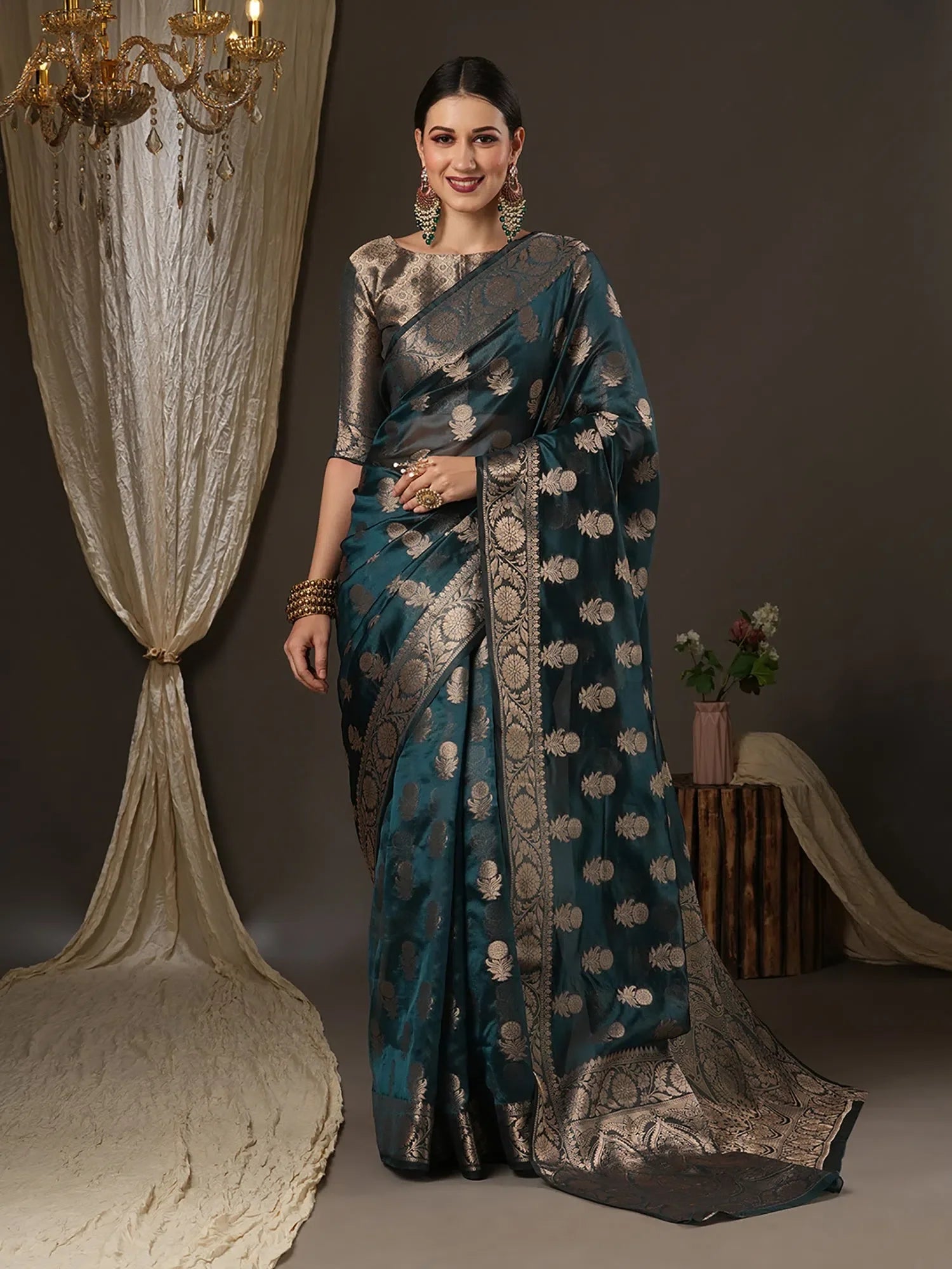 Teal Organza Saree - Designer Sarees India