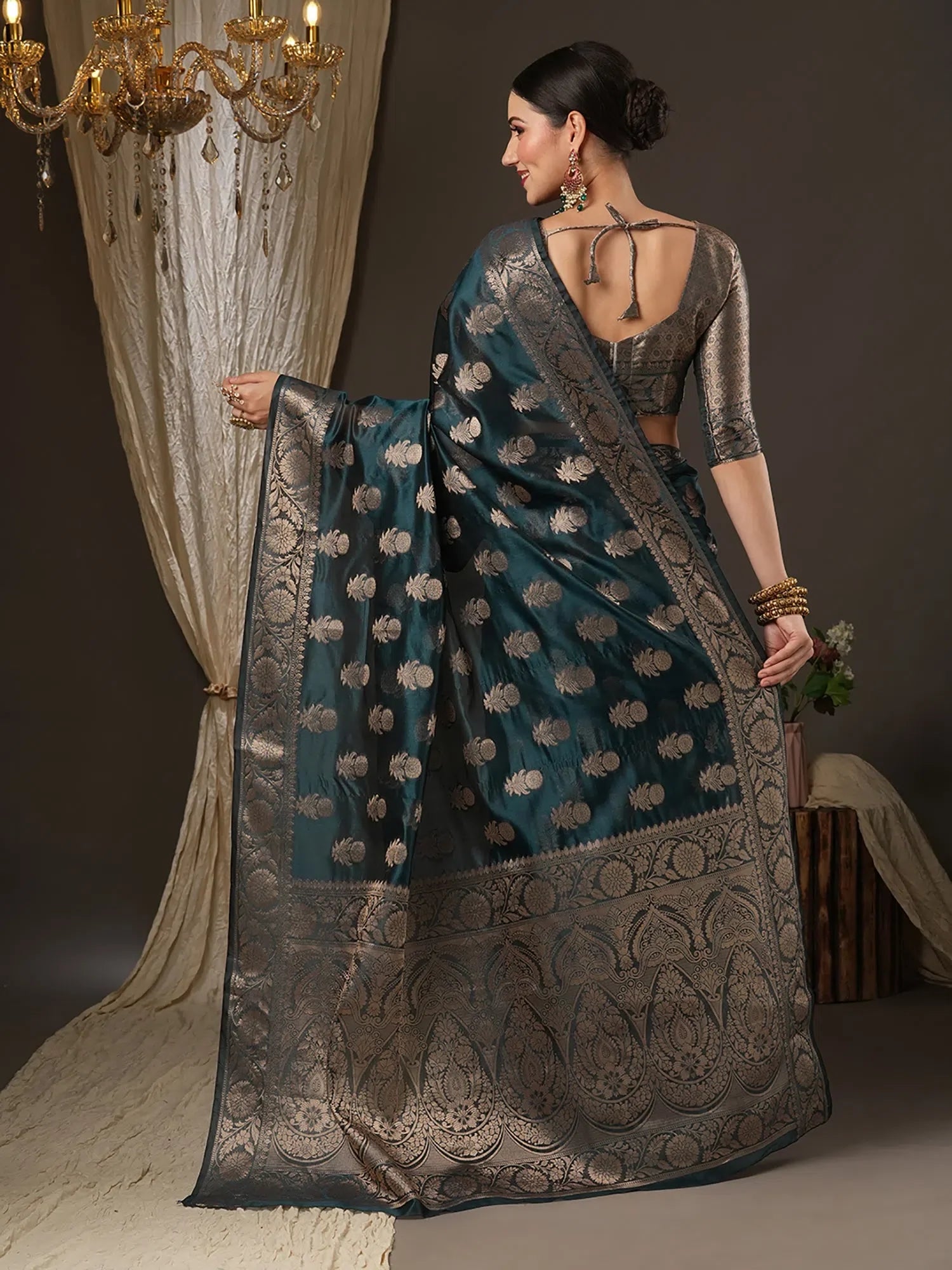 Teal Organza Saree - Designer Sarees India