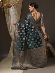 Women's Organza Teal Blue Woven Design Designer Saree With Blouse Piece-KANCHI4002