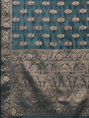 Women's Organza Teal Blue Woven Design Designer Saree With Blouse Piece-KANCHI4002