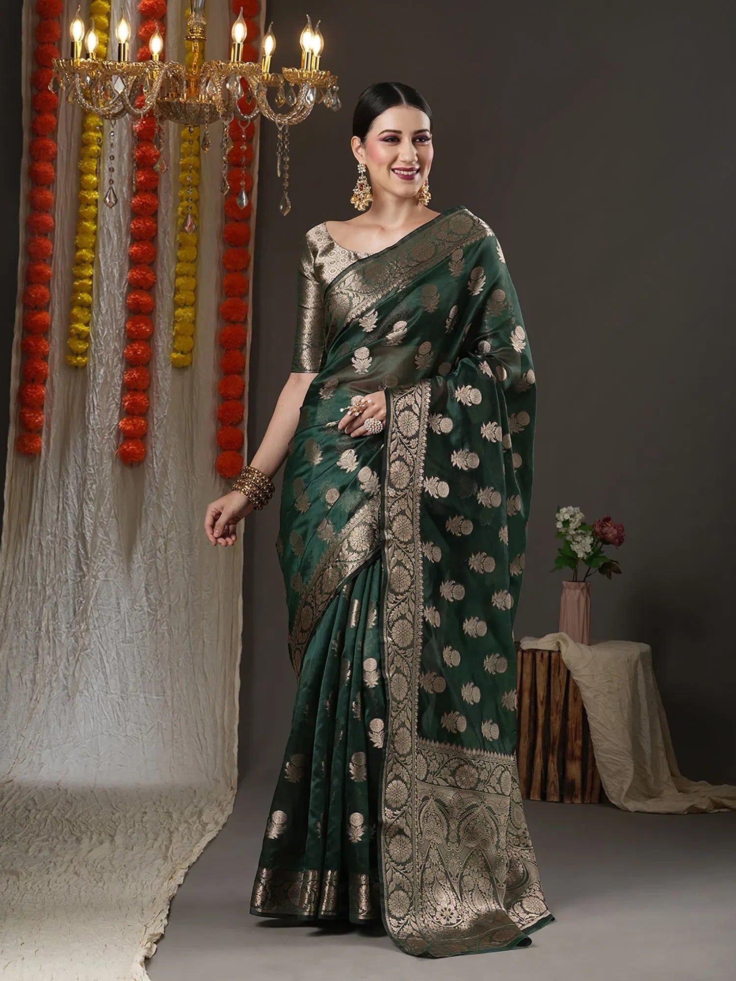Green Organza Saree - Designer Indian Sarees & Blouse