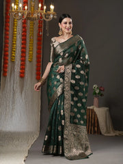 Women's Organza Green Woven Design Designer Saree With Blouse Piece-KANCHI4003