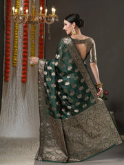 Women's Organza Green Woven Design Designer Saree With Blouse Piece-KANCHI4003