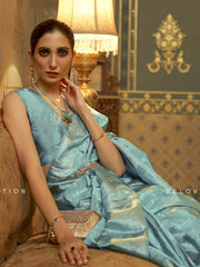 Women's Blend Blue Woven Design Handloom Saree With Blouse Piece-KANDNA221005