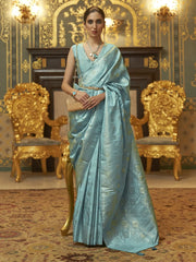 Women's Blend Blue Woven Design Handloom Saree With Blouse Piece-KANDNA221005