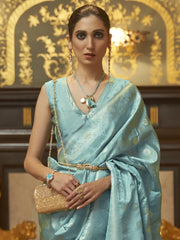 Women's Blend Blue Woven Design Handloom Saree With Blouse Piece-KANDNA221005