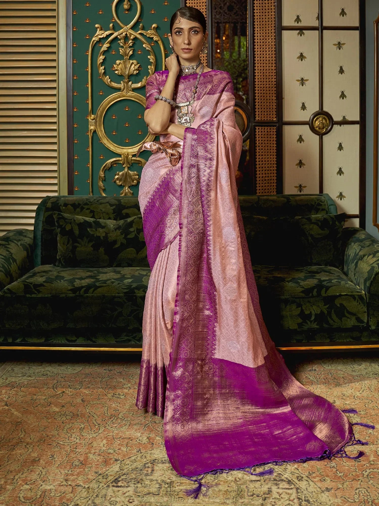 Stylish Pink Woven Polyester Saree with Blouse | Premium Indian Sari