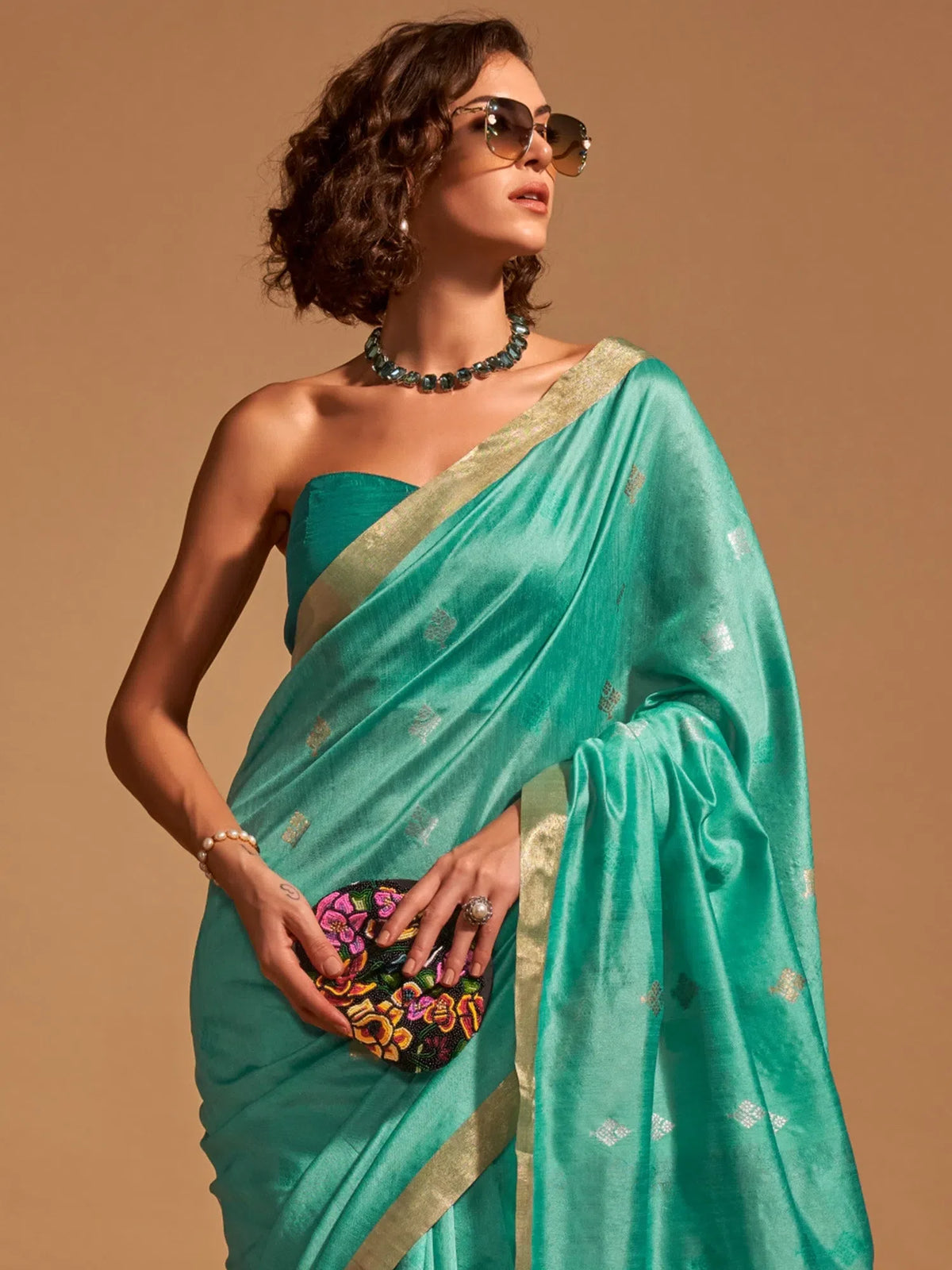 Women's  Blend Light Blue Woven Design Designer Saree With Blouse Piece-KANOI362002