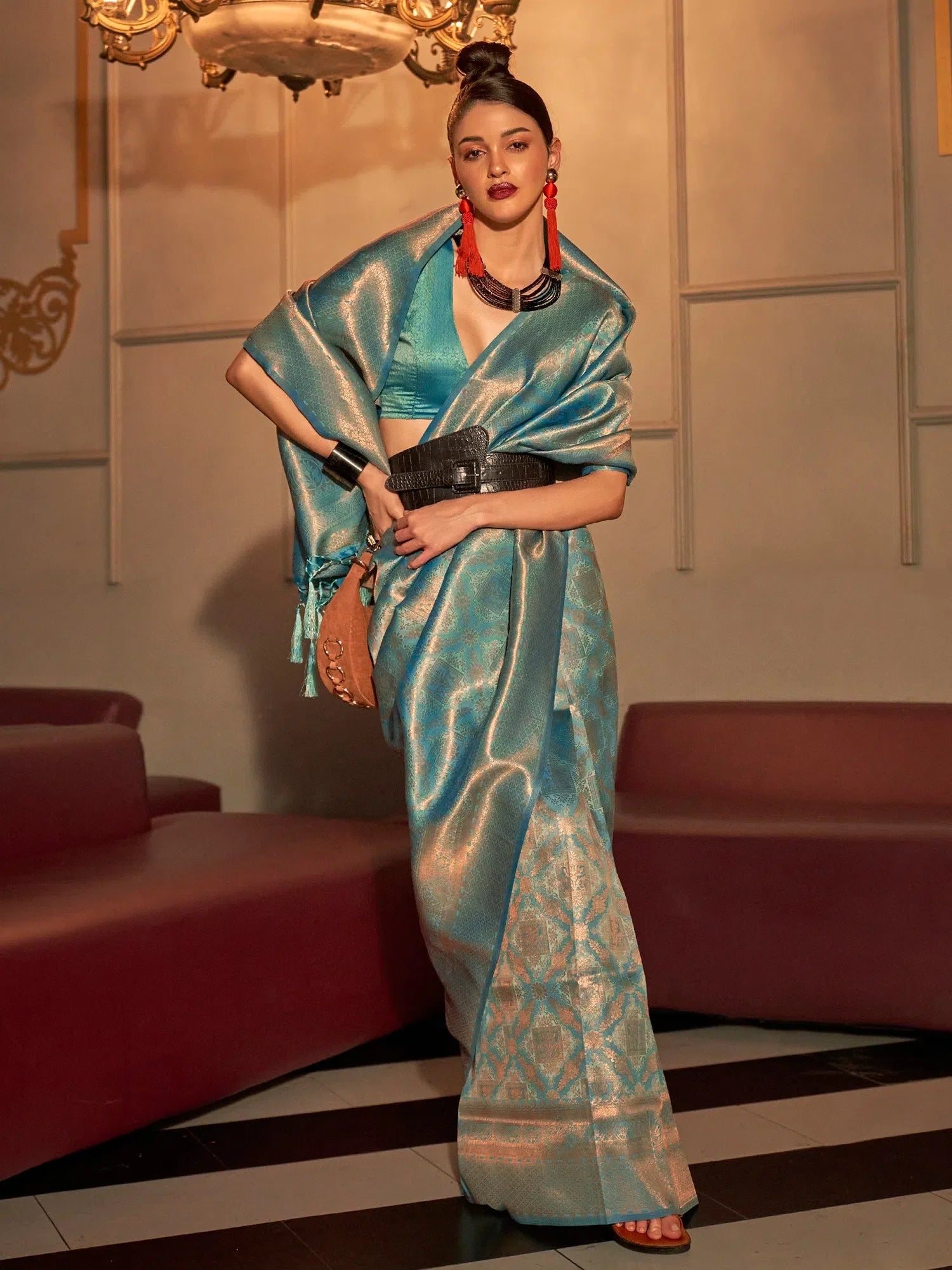 Teal Blue Polyester Saree: Banarasi Inspired Design