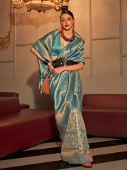 Women's Blend Teal Blue Woven Design Handloom Saree With Blouse Piece-KANVI6002