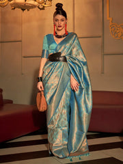 Women's Blend Teal Blue Woven Design Handloom Saree With Blouse Piece-KANVI6002