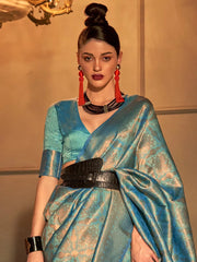 Women's Blend Teal Blue Woven Design Handloom Saree With Blouse Piece-KANVI6002