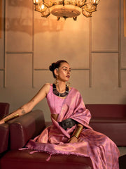 Women's  Blend Pink Woven Design Handloom Saree With Blouse Piece-KANVI6003
