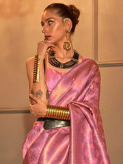 Women's  Blend Pink Woven Design Handloom Saree With Blouse Piece-KANVI6003