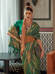 Women's Blend Green Woven Design Designer Saree With Blouse Piece-KANVIR3002