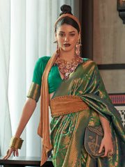 Women's Blend Green Woven Design Designer Saree With Blouse Piece-KANVIR3002