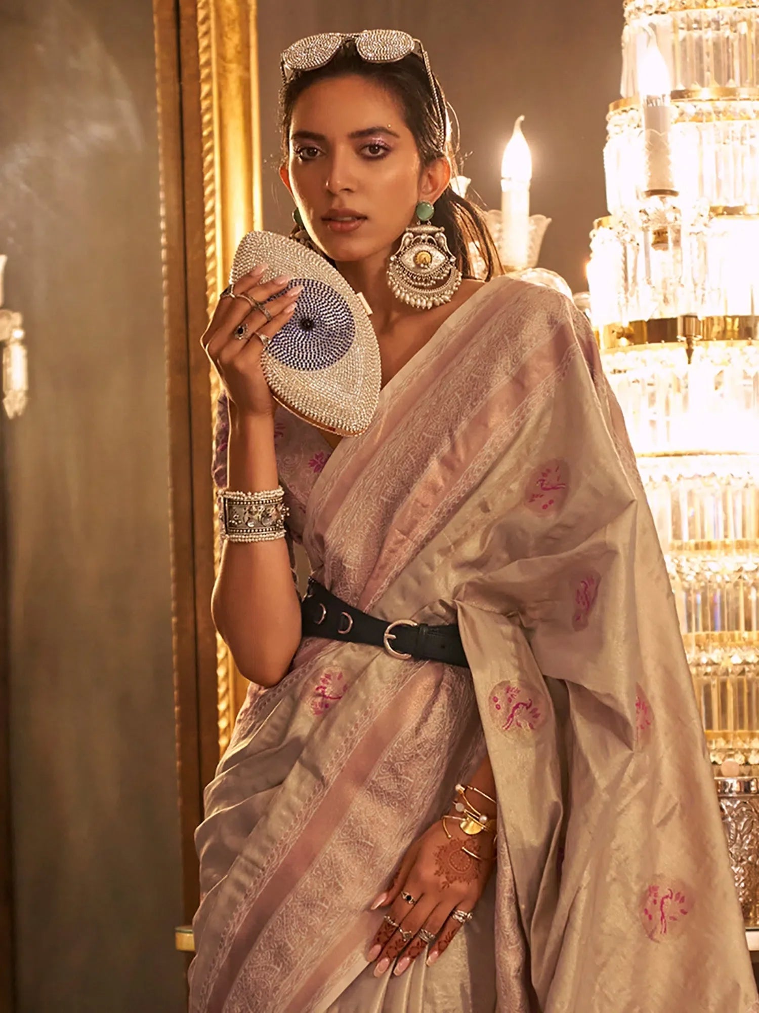 Cream Woven Polyester Saree with Blouse | Indian Sarees