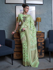 Women's Pure Linen Light Green Woven Design Designer Saree With Blouse Piece-KAPAS300008