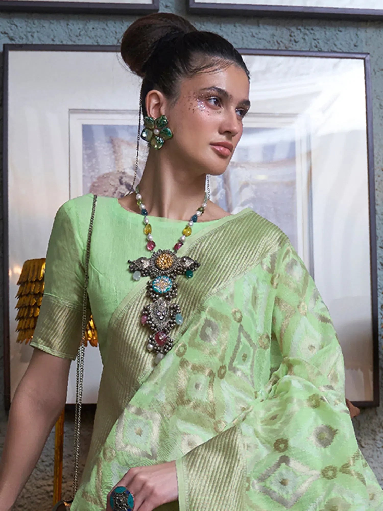 Light Green Linen Saree - Designer Indian Sari & Blouse