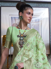 Women's Pure Linen Light Green Woven Design Designer Saree With Blouse Piece-KAPAS300008