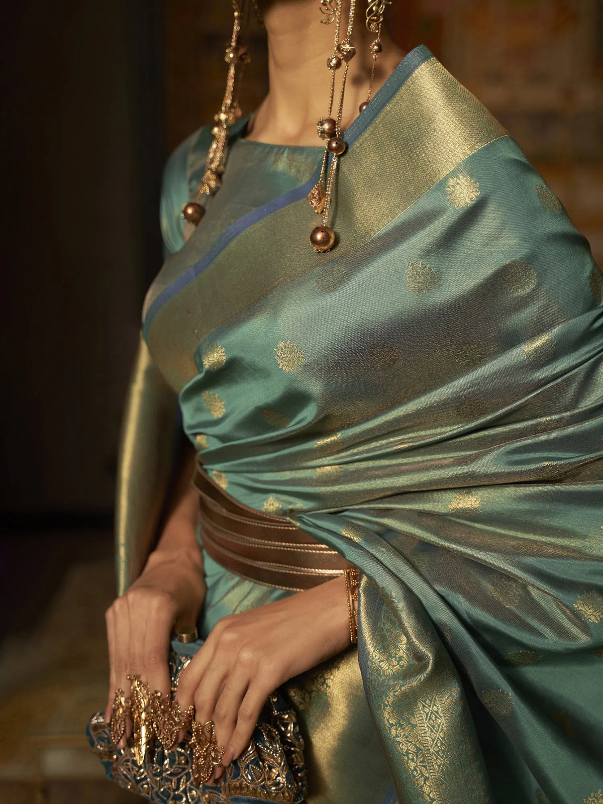 Women's  Blend Teal Blue Woven Design Handloom Saree With Blouse Piece-KARNAZ256002