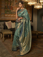 Women's  Blend Teal Blue Woven Design Handloom Saree With Blouse Piece-KARNAZ256002