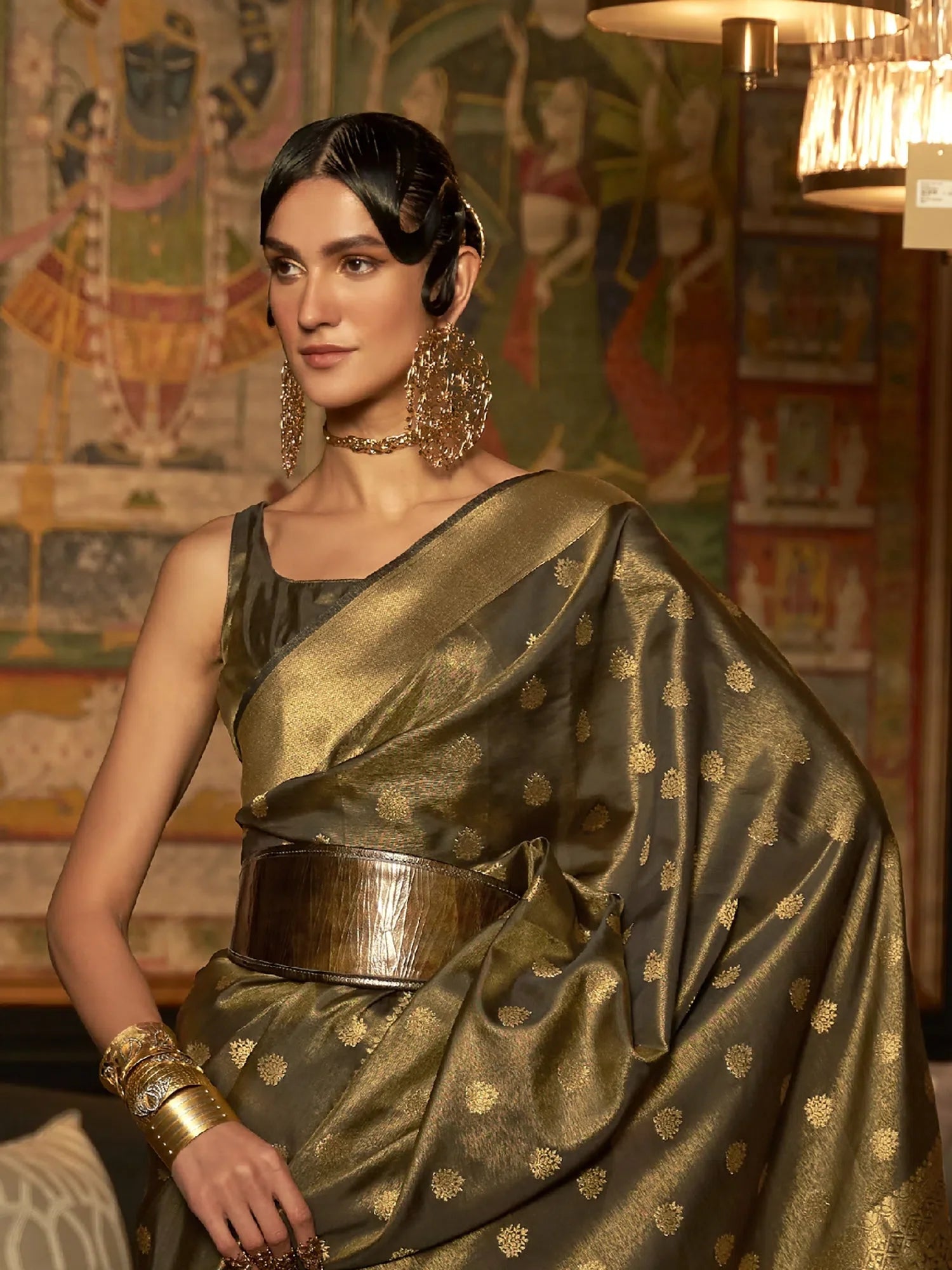 Olive Green Woven Polyester Saree | Indian Sarees