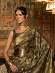Women's  Blend Olive Woven Design Handloom Saree With Blouse Piece-KARNAZ256004